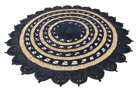 Navy Blue and White 7' 10 x 7' 10 Braided Jute Round Area Rug 100% Jute Hand Braided Natural Eco-Friendly Boho Style Carpet for Living Rooms Dining Office Space Dorms for Sale at Rug Engine