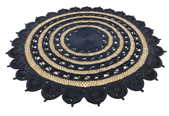 Navy Blue and White 8' x 8' Braided Jute Round Rug