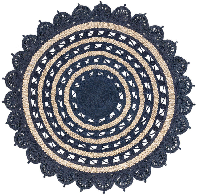 Navy Blue and White 8' x 8' Braided Jute Round Rug