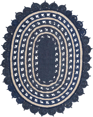 Navy Blue and White 8' x 10' Braided Jute Oval Rug