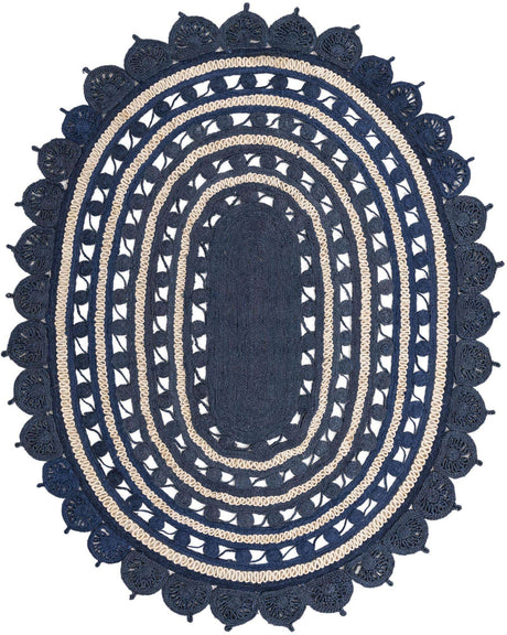 Navy Blue and White 8' x 10' Braided Jute Oval Rug