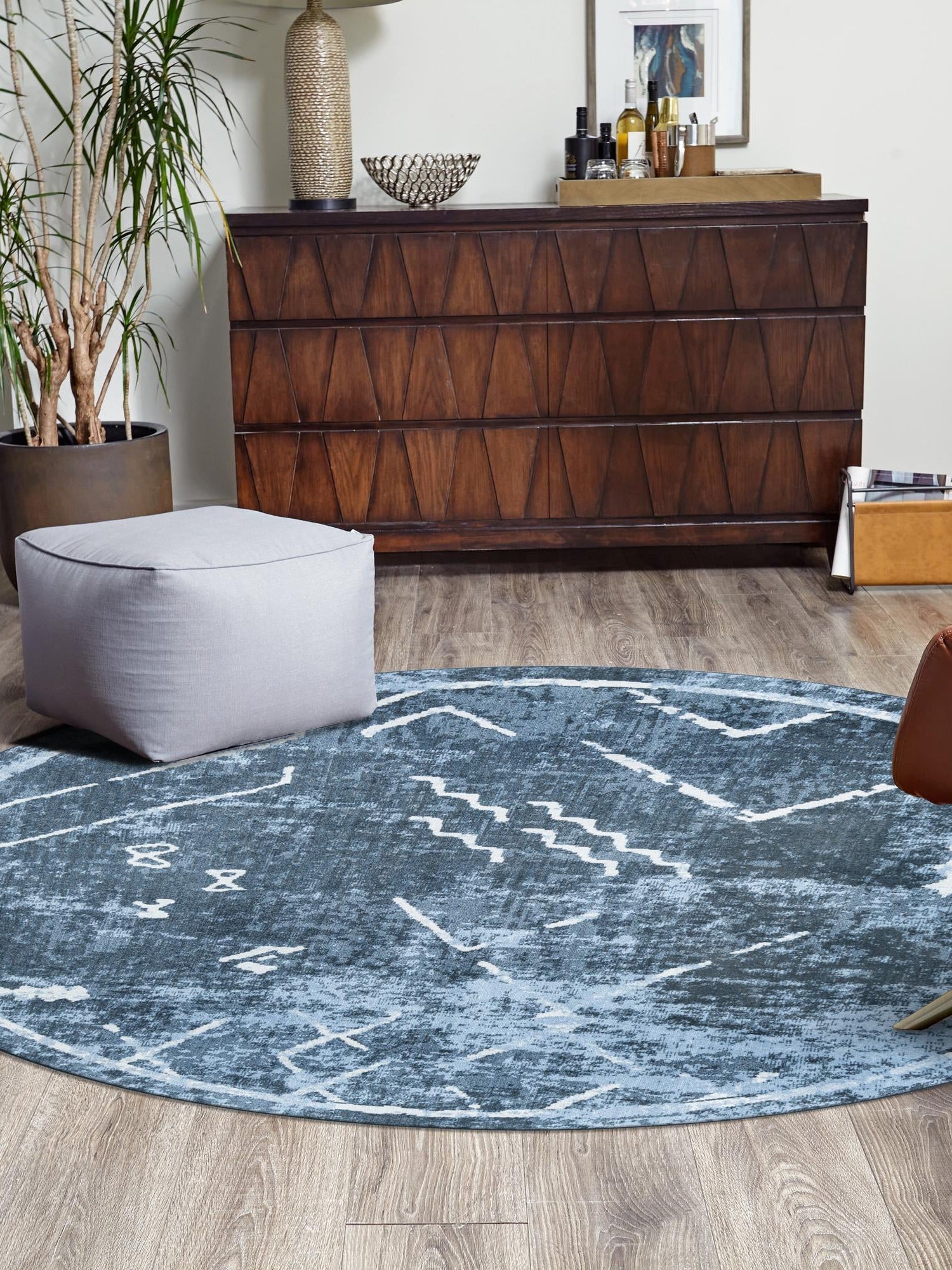 Washable Navy Blue 7' 10 x 7' 10 Kamala Washable Round Area Rug Easy to Clean Stain Resistant & Durable 100% Polyester Spill-Friendly Carpet for Sale at Rug Engine