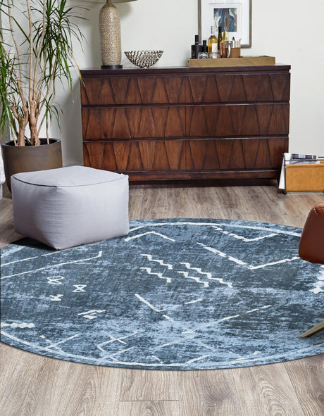 Washable Navy Blue 7' 10 x 7' 10 Kamala Washable Round Area Rug Easy to Clean Stain Resistant & Durable 100% Polyester Spill-Friendly Carpet for Sale at Rug Engine
