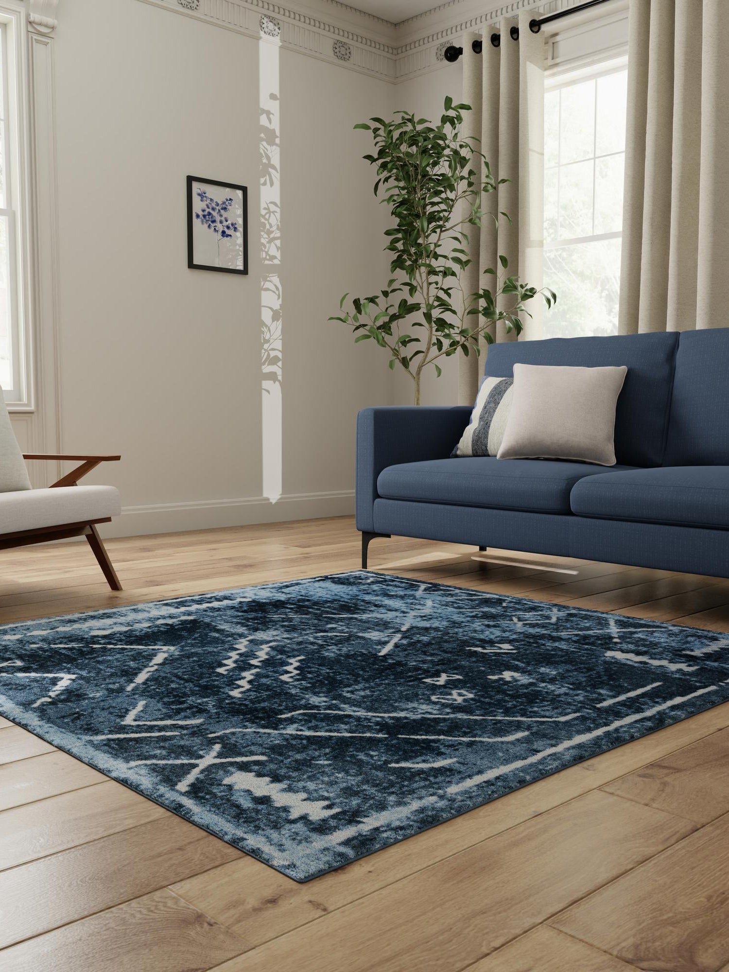 Washable Navy Blue 5' 3 x 5' 3 Kamala Washable Square Area Rug Easy to Clean Stain Resistant & Durable 100% Polyester Spill-Friendly Carpet for Sale at Rug Engine