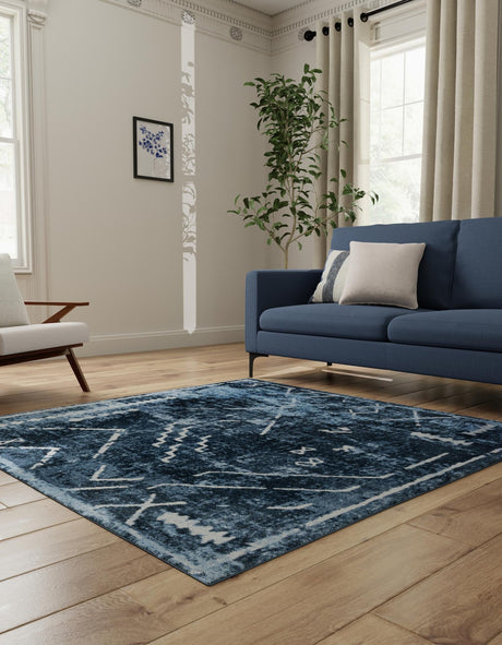 Washable Navy Blue 5' 3 x 5' 3 Kamala Washable Square Area Rug Easy to Clean Stain Resistant & Durable 100% Polyester Spill-Friendly Carpet for Sale at Rug Engine