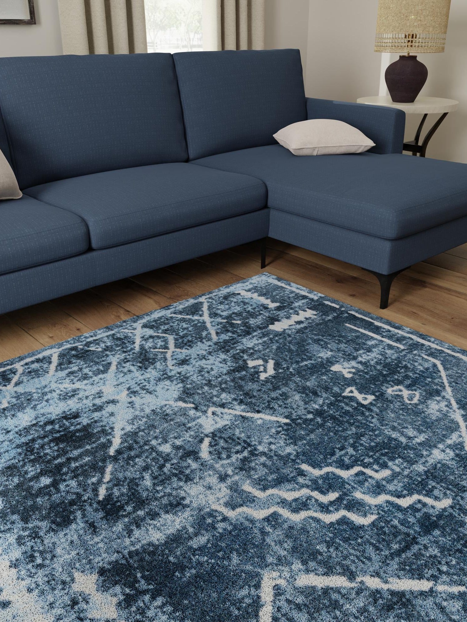 Washable Navy Blue 5' 3 x 5' 3 Kamala Washable Square Area Rug Easy to Clean Stain Resistant & Durable 100% Polyester Spill-Friendly Carpet for Sale at Rug Engine