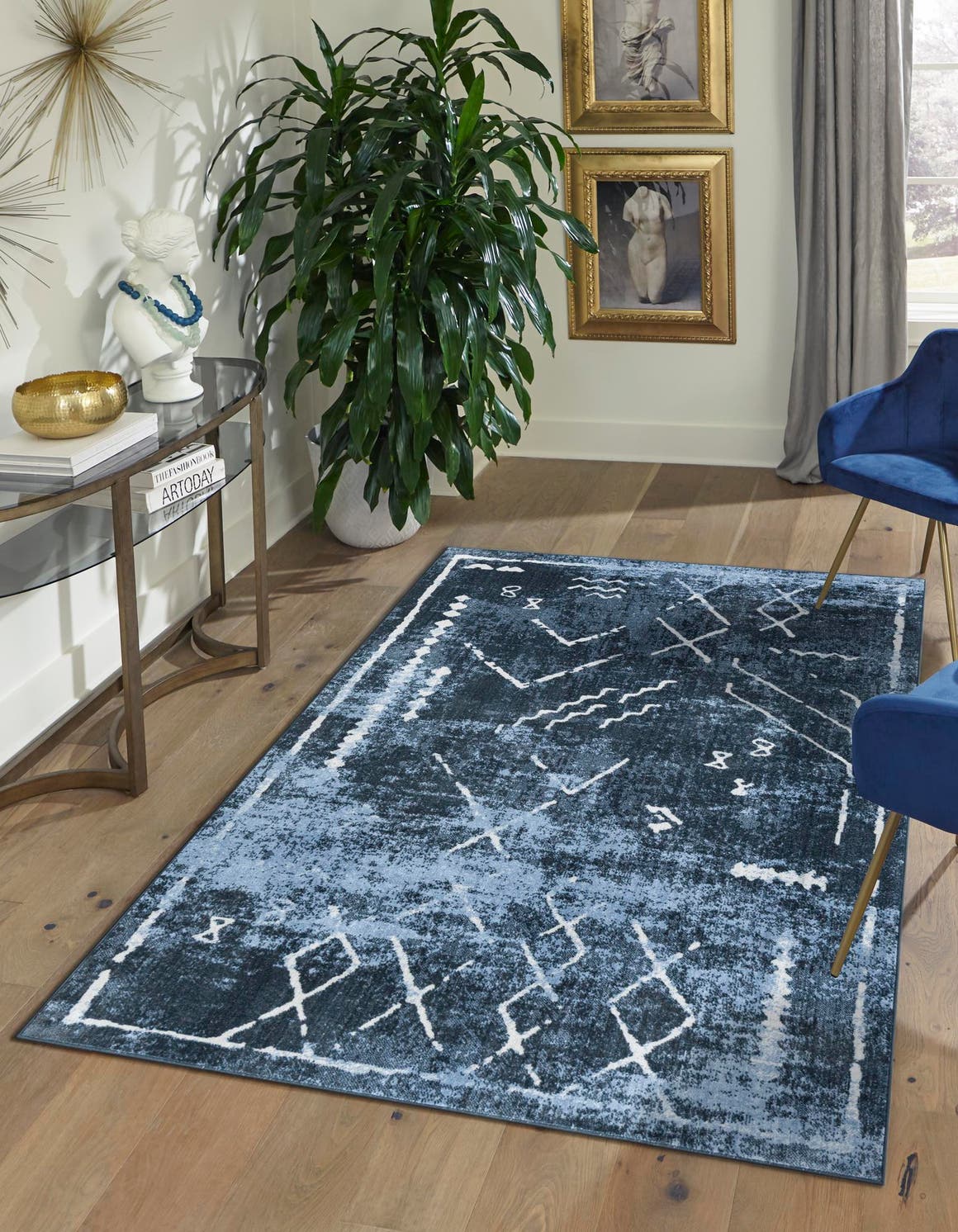 Washable Navy Blue 4' 1 x 6' 1 Kamala Washable Rectangle Area Rug Easy to Clean Stain Resistant & Durable 100% Polyester Spill-Friendly Carpet for Sale at Rug Engine