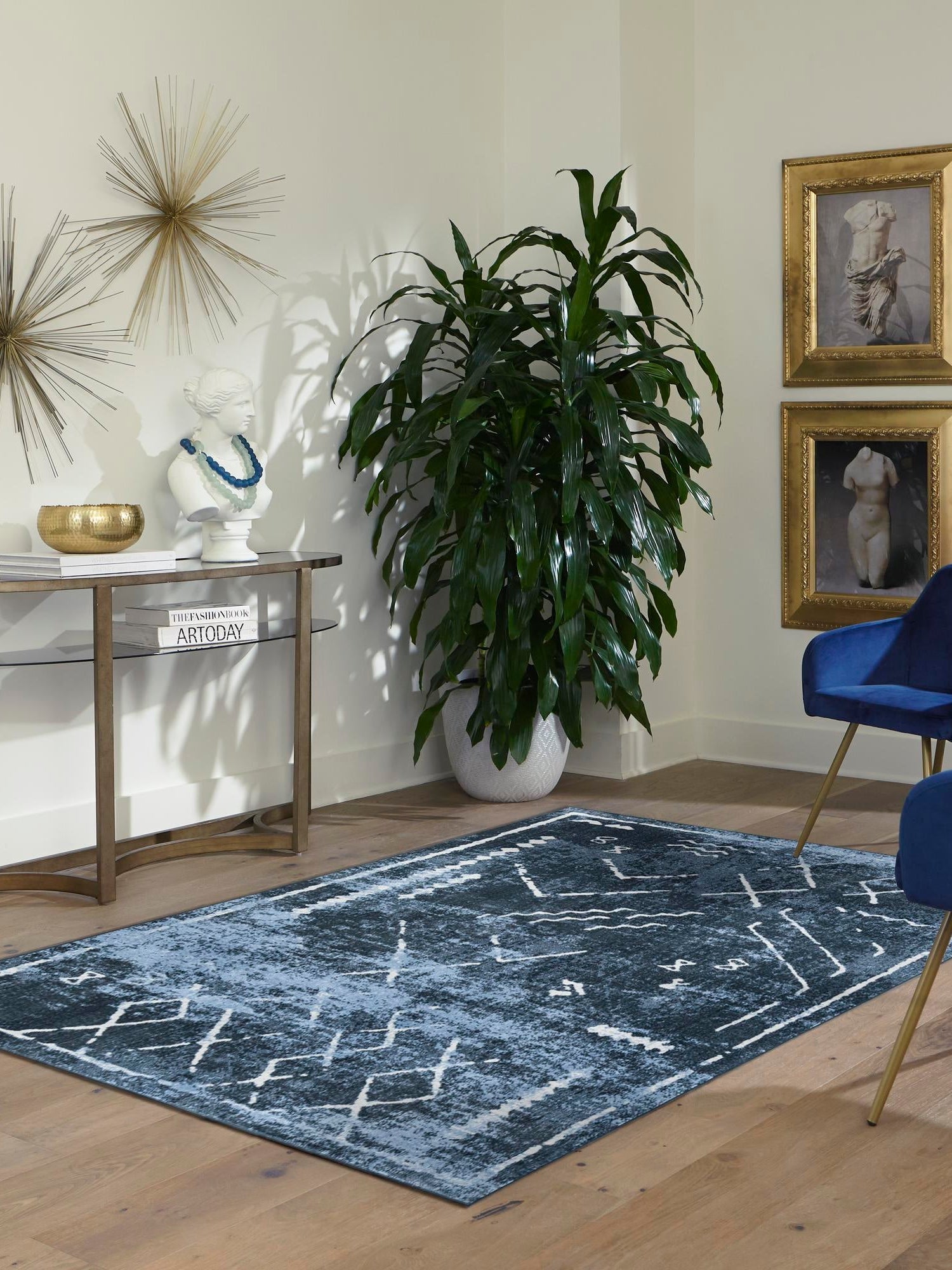 Washable Navy Blue 9' x 12' Kamala Washable Rectangle Area Rug Easy to Clean Stain Resistant & Durable 100% Polyester Spill-Friendly Carpet for Sale at Rug Engine
