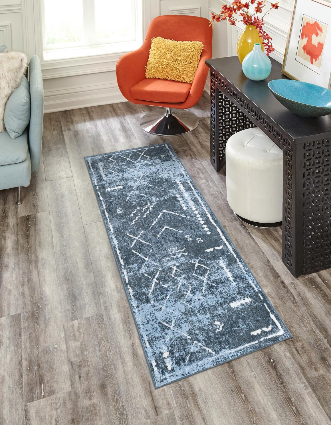 Washable Navy Blue 2' x 6' 1 Kamala Washable Runner Area Rug Easy to Clean Stain Resistant & Durable 100% Polyester Spill-Friendly Carpet for Sale at Rug Engine