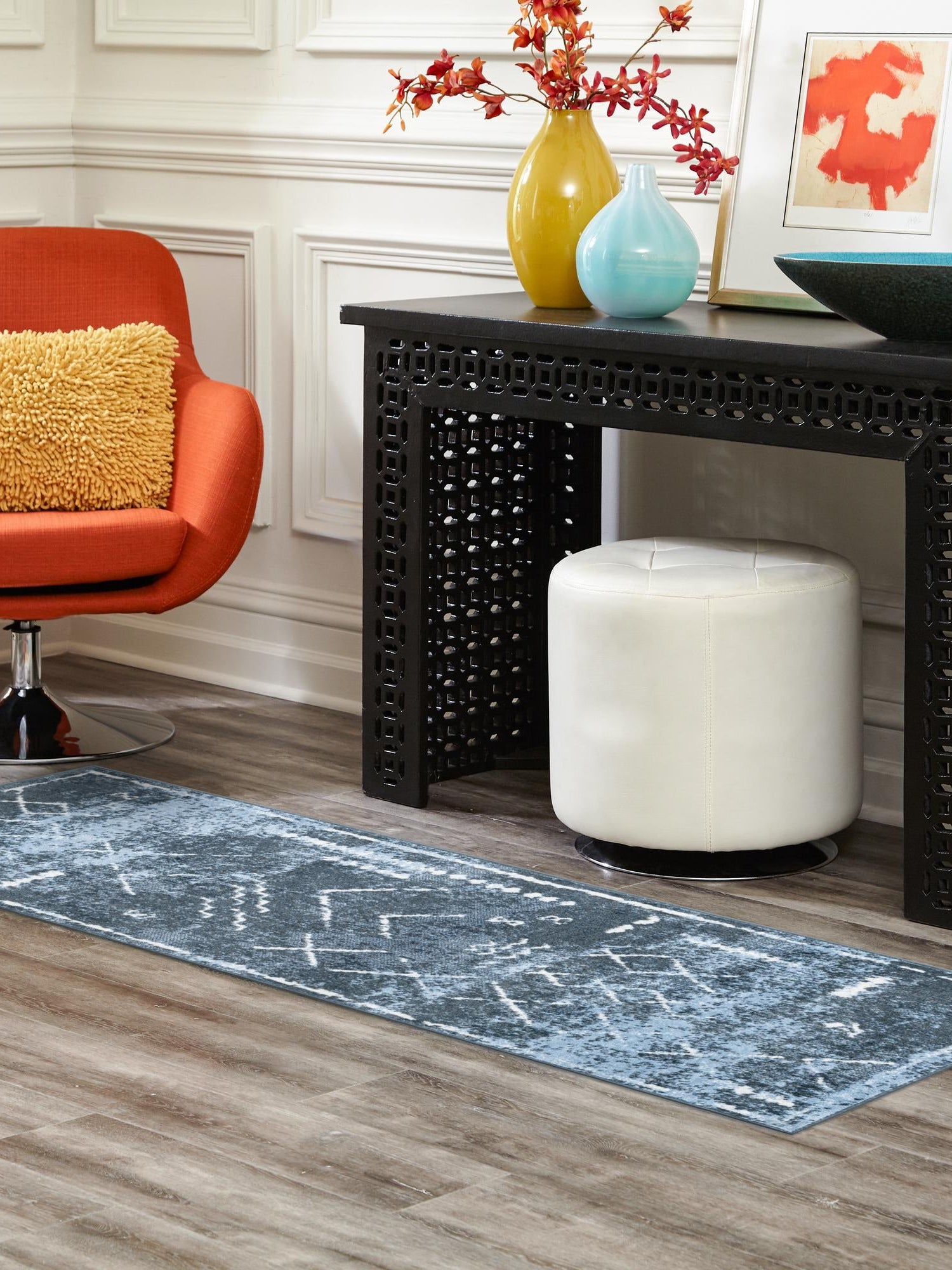 Washable Navy Blue 2' x 8' Kamala Washable Runner Area Rug Easy to Clean Stain Resistant & Durable 100% Polyester Spill-Friendly Carpet for Sale at Rug Engine
