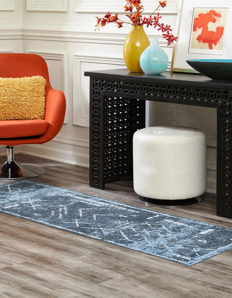 Washable Navy Blue 2' x 8' Kamala Washable Runner Area Rug Easy to Clean Stain Resistant & Durable 100% Polyester Spill-Friendly Carpet for Sale at Rug Engine