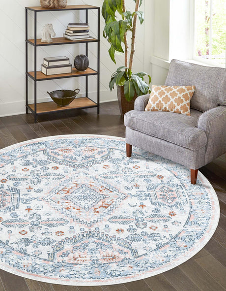 Washable Ivory 7' 10 x 7' 10 Kamala Washable Round Area Rug Easy to Clean Stain Resistant & Durable 100% Polyester Spill-Friendly Carpet for Sale at Rug Engine