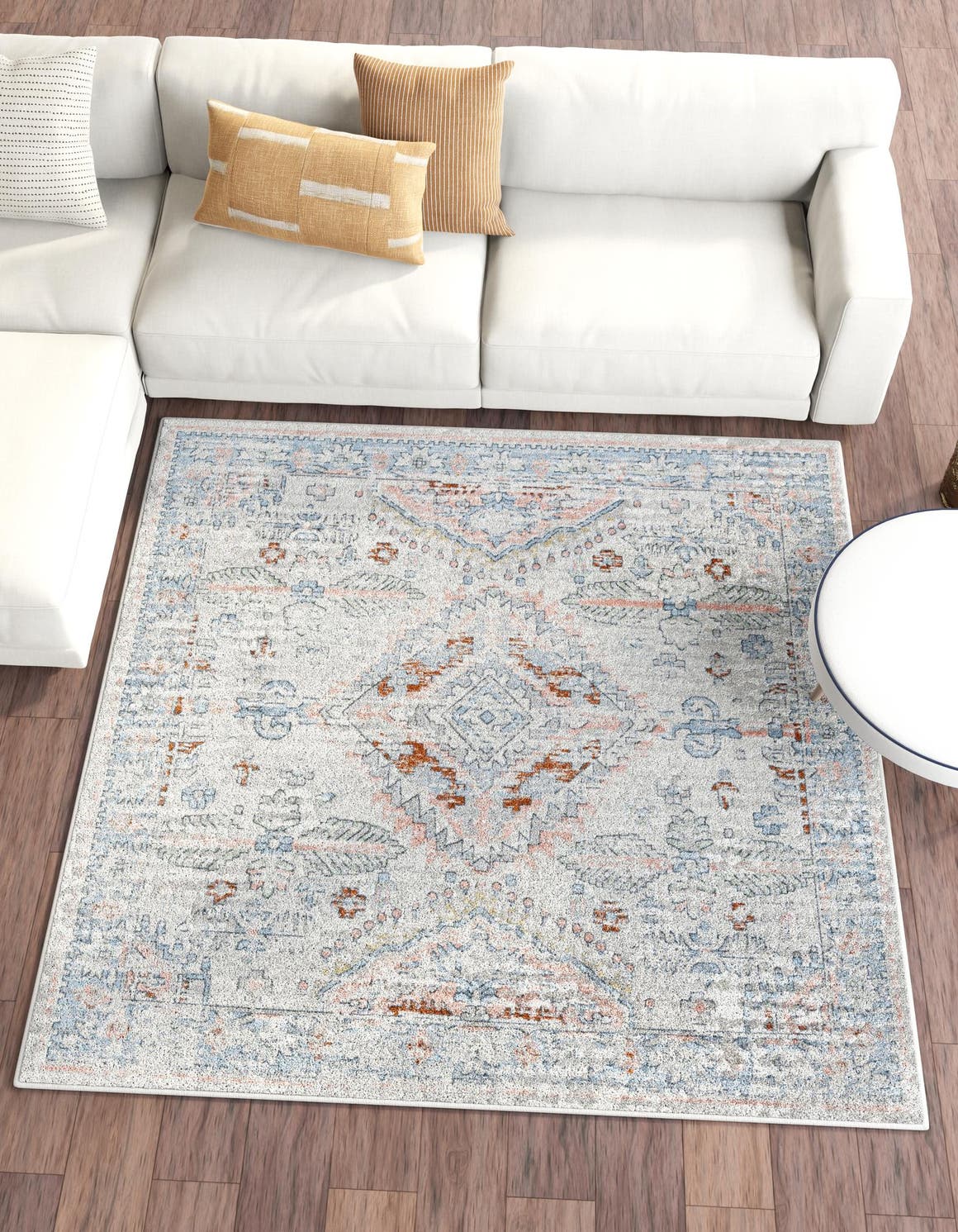 Washable Ivory 7' 10 x 7' 10 Kamala Washable Square Area Rug Easy to Clean Stain Resistant & Durable 100% Polyester Spill-Friendly Carpet for Sale at Rug Engine