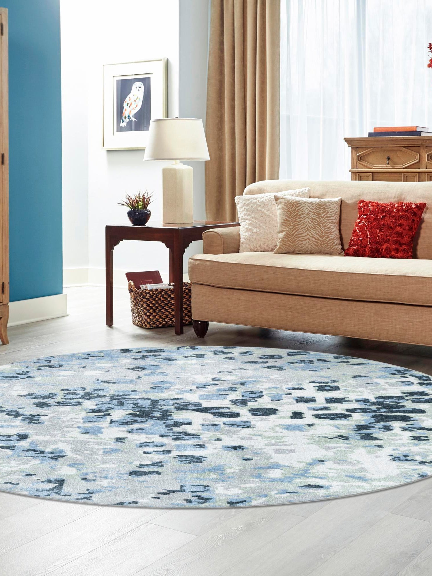 Washable Gray Navy Green 7' 10 x 7' 10 Kamala Washable Round Area Rug Easy to Clean Stain Resistant & Durable 100% Polyester Spill-Friendly Carpet for Sale at Rug Engine