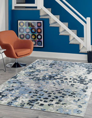 Washable Gray Navy Green 9' x 12' Kamala Washable Rectangle Area Rug Easy to Clean Stain Resistant & Durable 100% Polyester Spill-Friendly Carpet for Sale at Rug Engine