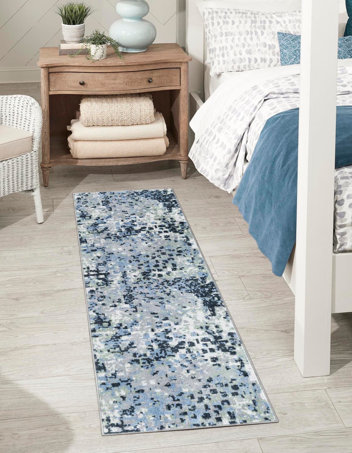 Washable Gray Navy Green 2' 7 x 12' Kamala Washable Runner Area Rug Easy to Clean Stain Resistant & Durable 100% Polyester Spill-Friendly Carpet for Sale at Rug Engine