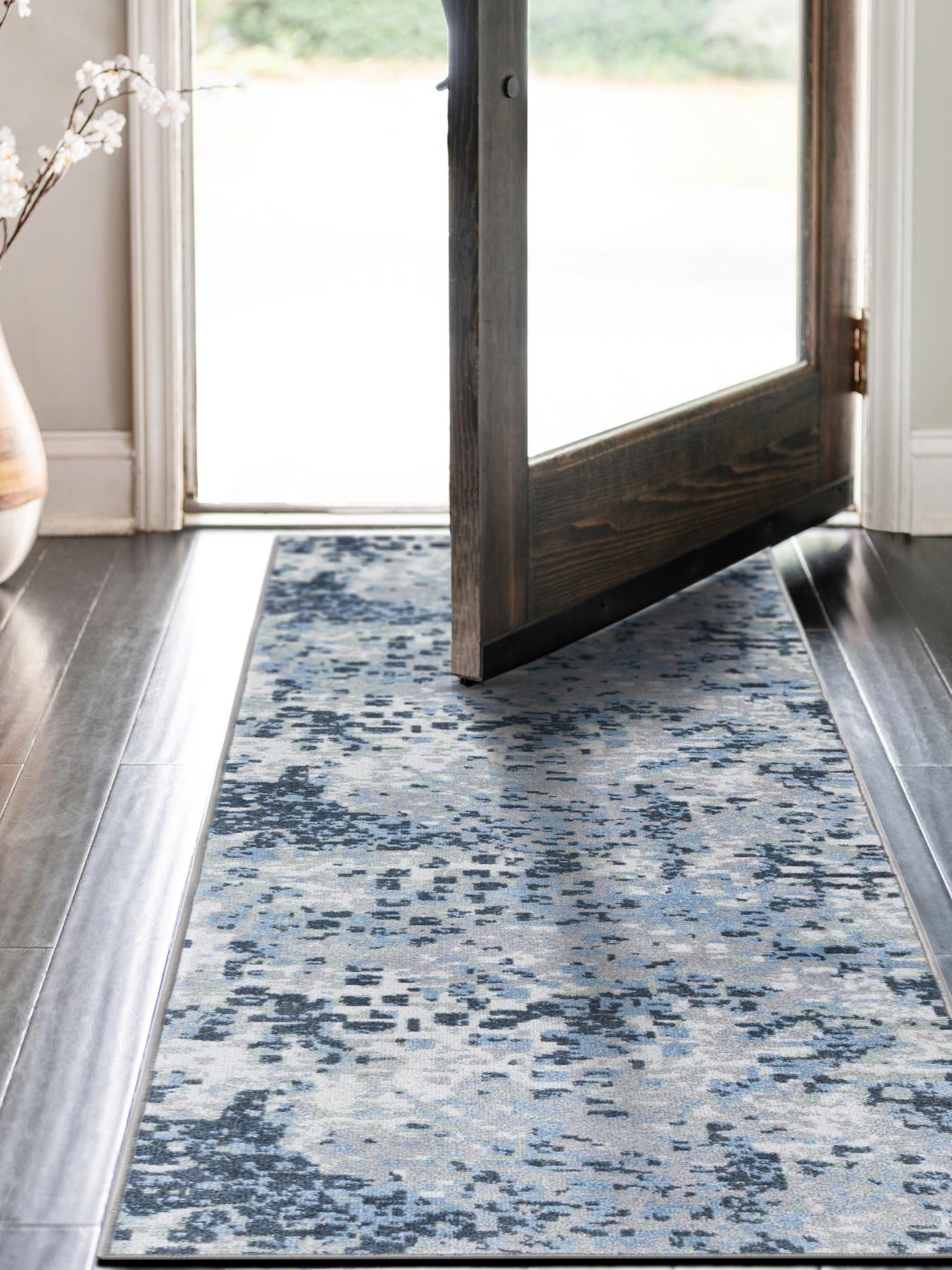Washable Gray Navy Green 2' 7 x 12' Kamala Washable Runner Area Rug Easy to Clean Stain Resistant & Durable 100% Polyester Spill-Friendly Carpet for Sale at Rug Engine