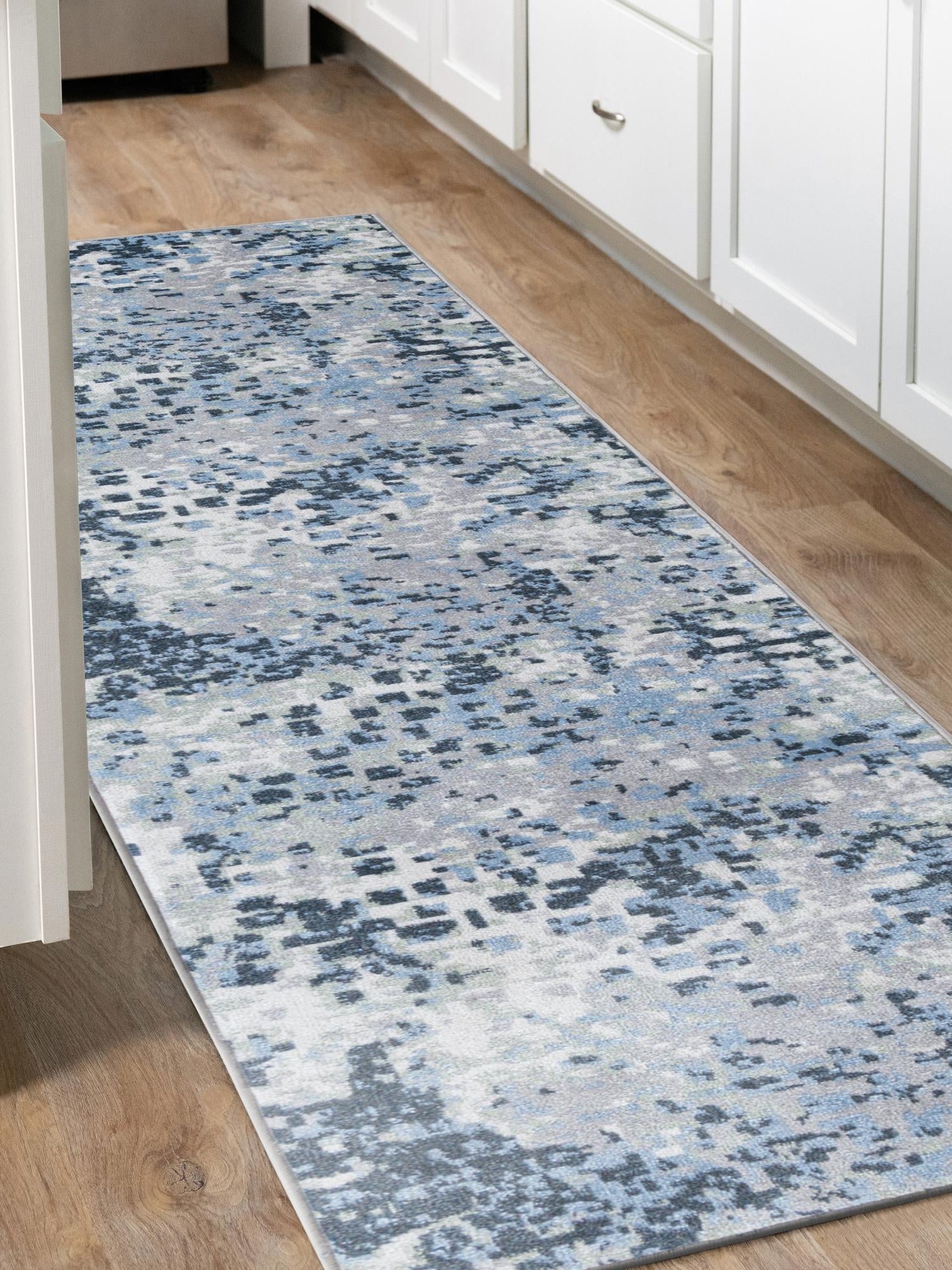Washable Gray Navy Green 2' 7 x 12' Kamala Washable Runner Area Rug Easy to Clean Stain Resistant & Durable 100% Polyester Spill-Friendly Carpet for Sale at Rug Engine