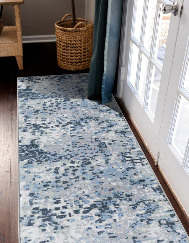 Washable Gray Navy Green 2' x 8' Kamala Washable Runner Area Rug Easy to Clean Stain Resistant & Durable 100% Polyester Spill-Friendly Carpet for Sale at Rug Engine