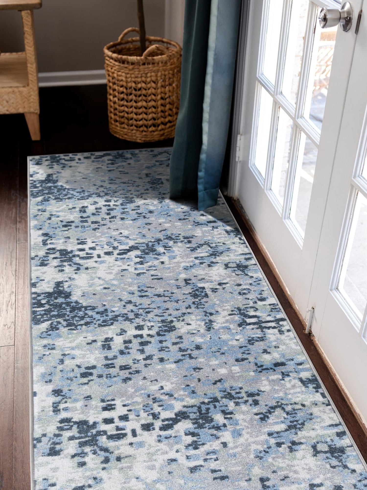 Washable Gray Navy Green 2' 7 x 12' Kamala Washable Runner Area Rug Easy to Clean Stain Resistant & Durable 100% Polyester Spill-Friendly Carpet for Sale at Rug Engine