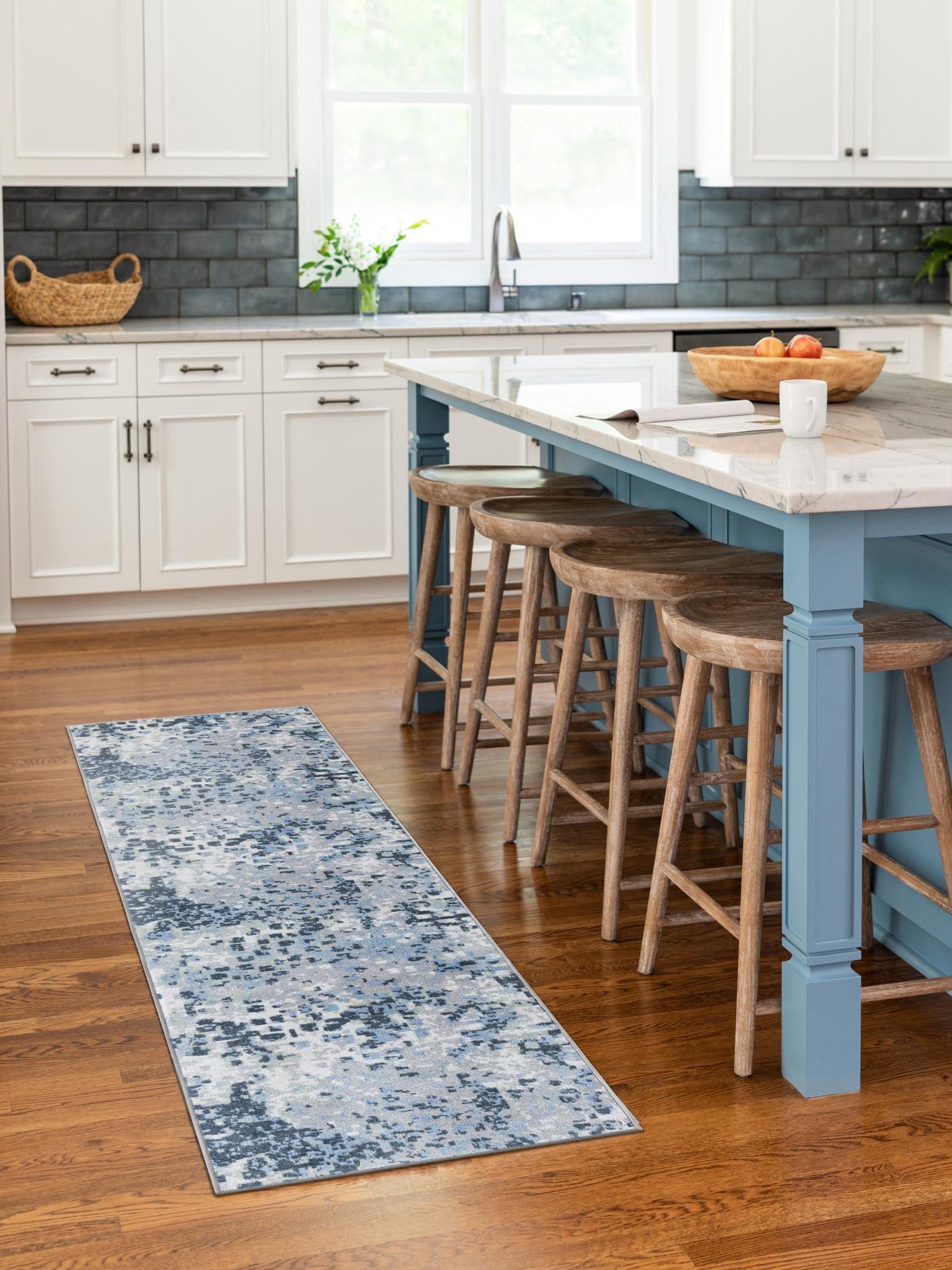 Washable Gray Navy Green 2' 7 x 12' Kamala Washable Runner Area Rug Easy to Clean Stain Resistant & Durable 100% Polyester Spill-Friendly Carpet for Sale at Rug Engine