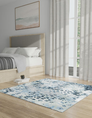 Washable Gray Navy Green 5' 3 x 5' 3 Kamala Washable Square Area Rug Easy to Clean Stain Resistant & Durable 100% Polyester Spill-Friendly Carpet for Sale at Rug Engine