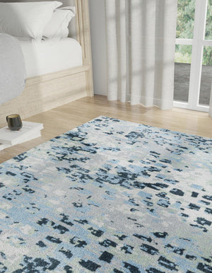 Washable Gray Navy Green 5' 3 x 5' 3 Kamala Washable Square Area Rug Easy to Clean Stain Resistant & Durable 100% Polyester Spill-Friendly Carpet for Sale at Rug Engine