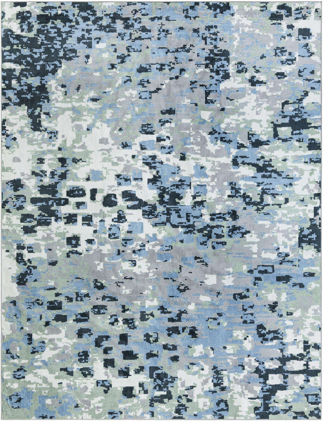Washable Gray Navy Green 9' x 12' Kamala Washable Rectangle Area Rug Easy to Clean Stain Resistant & Durable 100% Polyester Spill-Friendly Carpet for Sale at Rug Engine