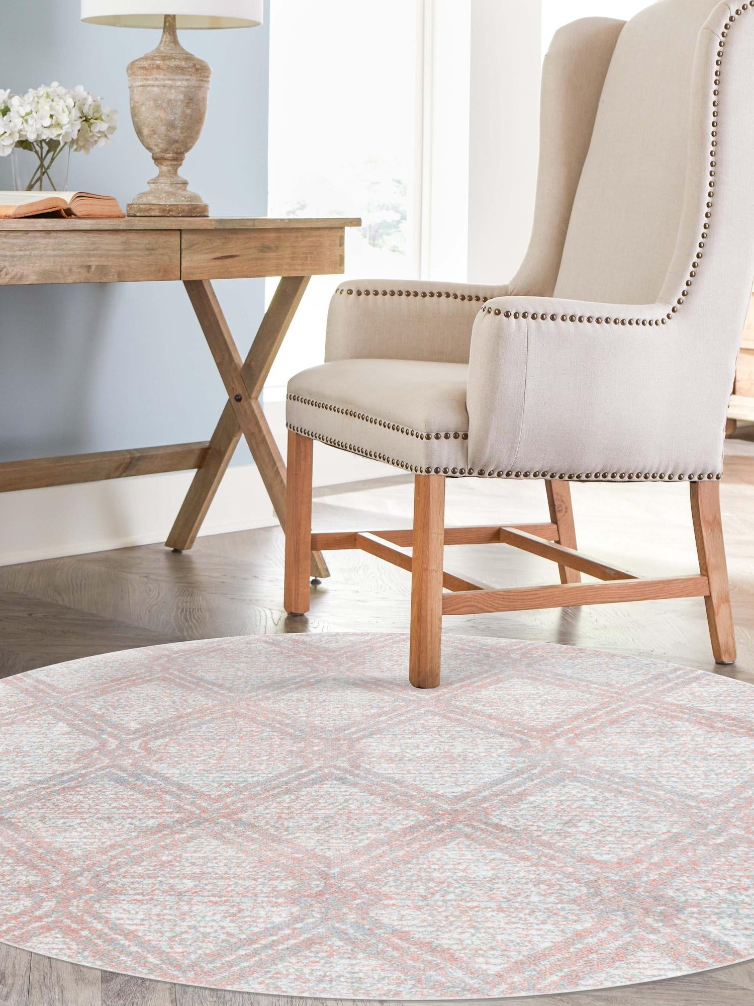 Washable Rose Pink 7' 10 x 7' 10 Kamala Washable Round Area Rug Easy to Clean Stain Resistant & Durable 100% Polyester Spill-Friendly Carpet for Sale at Rug Engine
