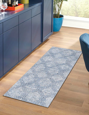 Washable Blue 2' 7 x 12' Kamala Washable Runner Area Rug Easy to Clean Stain Resistant & Durable 100% Polyester Spill-Friendly Carpet for Sale at Rug Engine