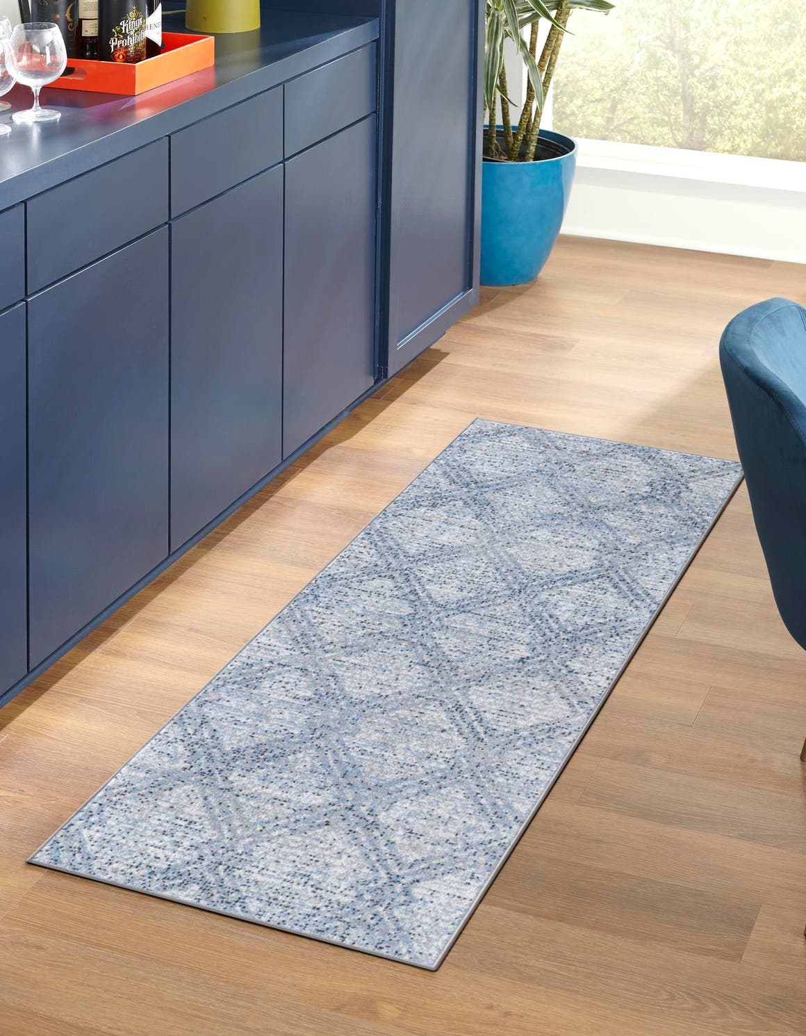 Washable Blue 2' x 6' 1 Kamala Washable Runner Area Rug Easy to Clean Stain Resistant & Durable 100% Polyester Spill-Friendly Carpet for Sale at Rug Engine