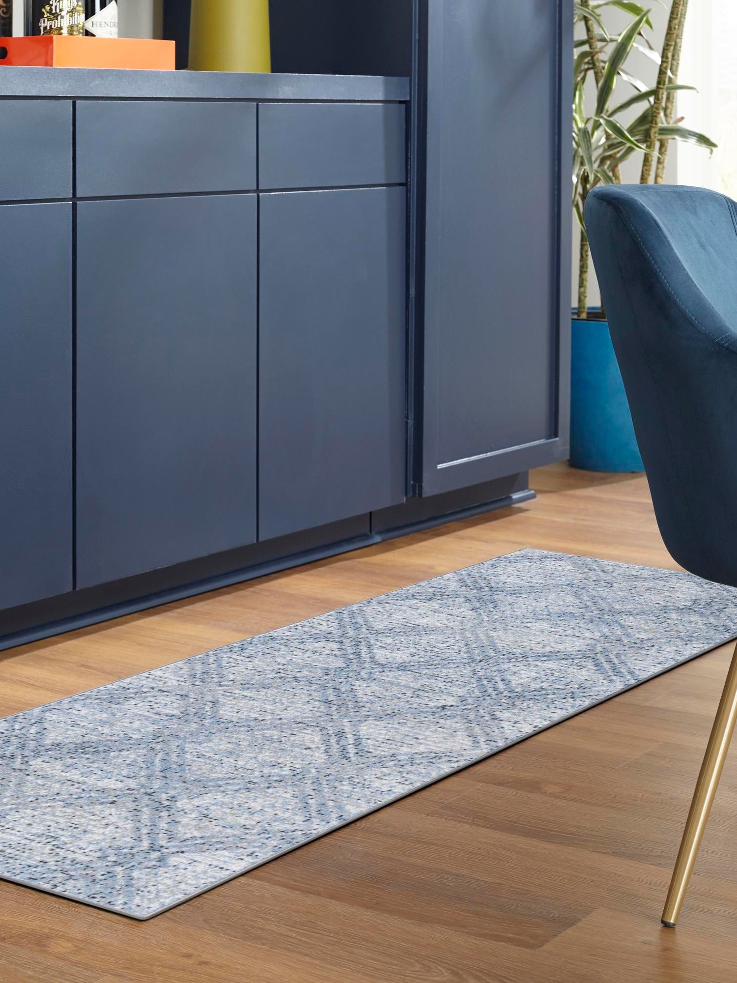 Washable Blue 2' 7 x 12' Kamala Washable Runner Area Rug Easy to Clean Stain Resistant & Durable 100% Polyester Spill-Friendly Carpet for Sale at Rug Engine