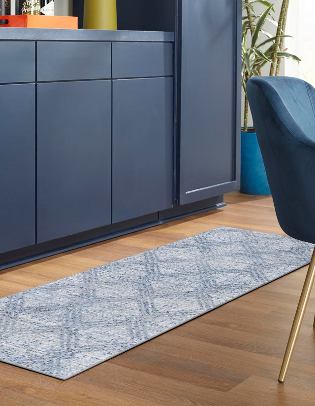 Washable Blue 2' 7 x 12' Kamala Washable Runner Area Rug Easy to Clean Stain Resistant & Durable 100% Polyester Spill-Friendly Carpet for Sale at Rug Engine