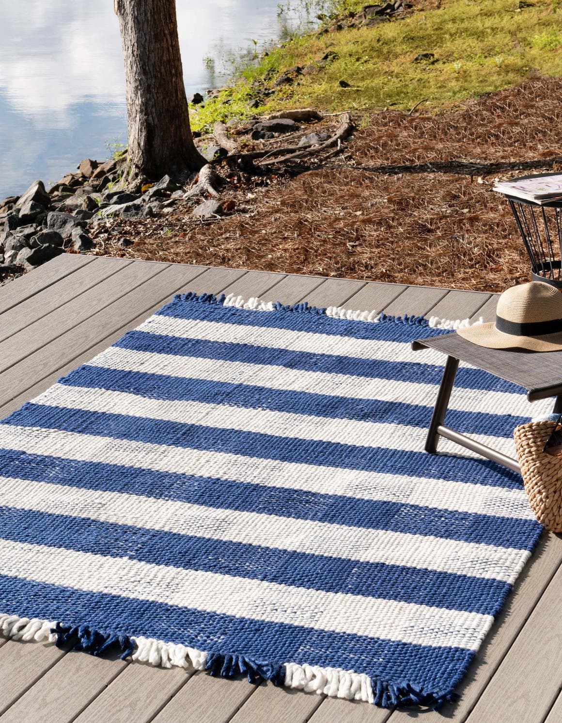 Washable Navy Blue 7' 10 x 10' Eco Plaid Indoor Outdoor Washable Rectangle Area Rug Easy to Clean Stain Resistant & Durable Weather Resistant for Patio, Deck, Terrace, Balcony, Porch 100% Recycled Plastic Bottles Carpet Mat for Sale at Rug Engine