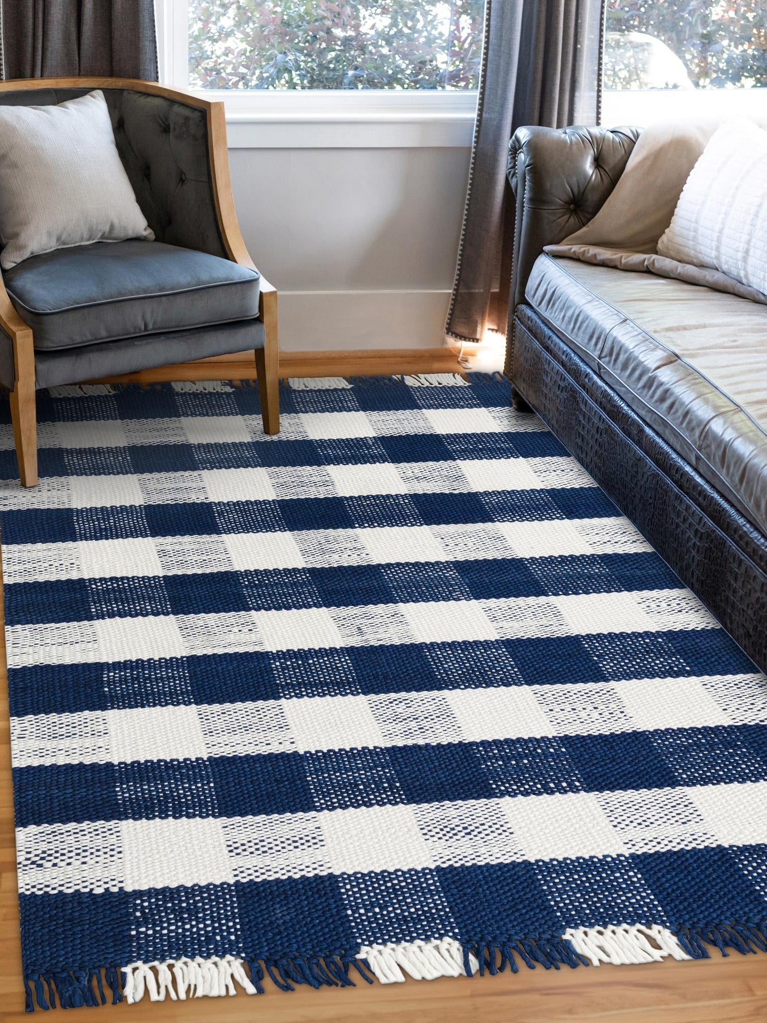 Washable Navy Blue 7' 10 x 10' Eco Plaid Indoor Outdoor Washable Rectangle Area Rug Easy to Clean Stain Resistant & Durable Weather Resistant for Patio, Deck, Terrace, Balcony, Porch 100% Recycled Plastic Bottles Carpet Mat for Sale at Rug Engine