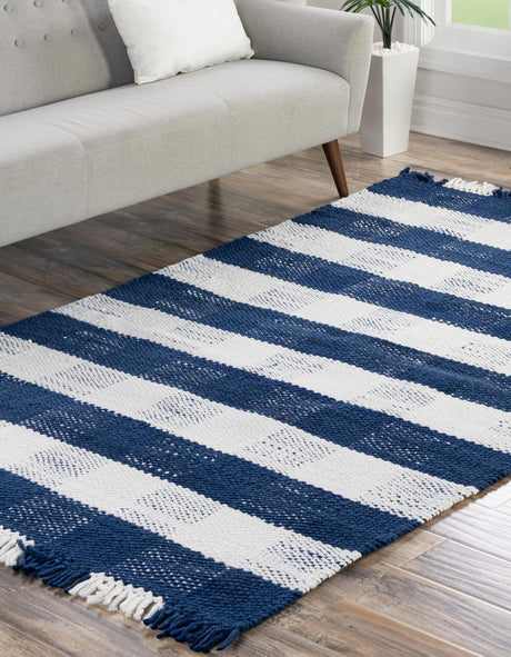 Washable Navy Blue 6' 1 x 9' Eco Plaid Indoor Outdoor Washable Rectangle Area Rug Easy to Clean Stain Resistant & Durable Weather Resistant for Patio, Deck, Terrace, Balcony, Porch 100% Recycled Plastic Bottles Carpet Mat for Sale at Rug Engine