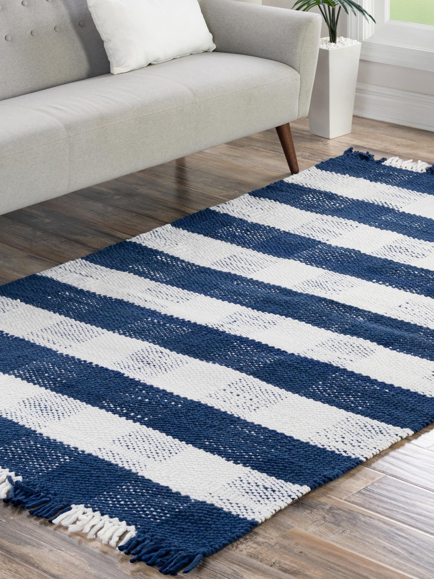 Washable Navy Blue 7' 10 x 10' Eco Plaid Indoor Outdoor Washable Rectangle Area Rug Easy to Clean Stain Resistant & Durable Weather Resistant for Patio, Deck, Terrace, Balcony, Porch 100% Recycled Plastic Bottles Carpet Mat for Sale at Rug Engine