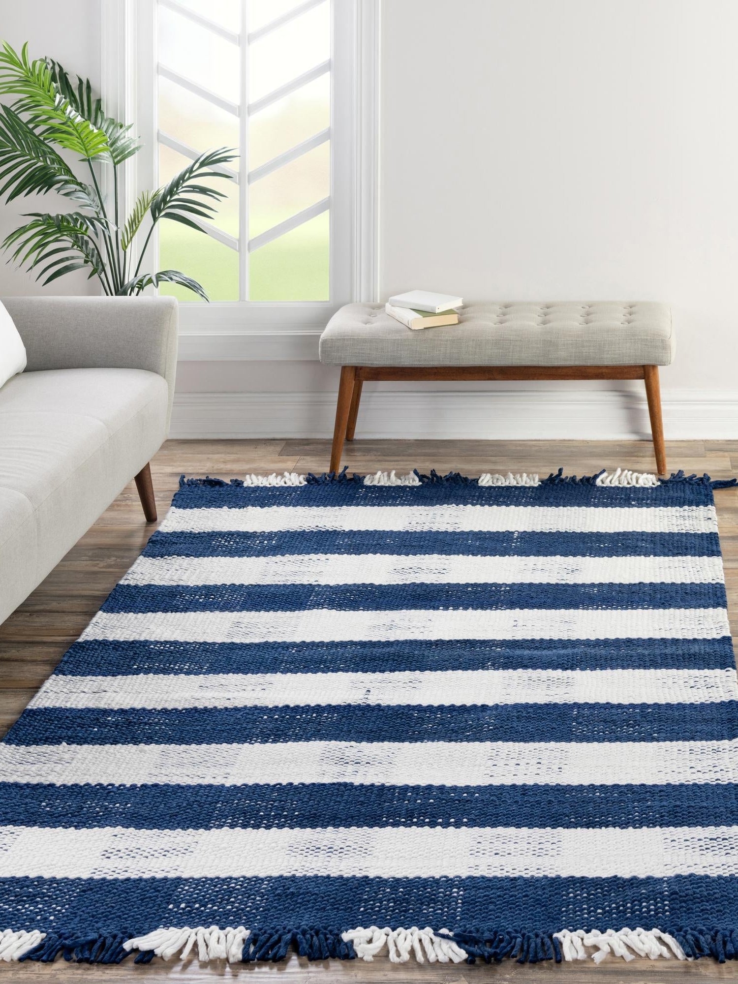 Washable Navy Blue 4' 1 x 6' 1 Eco Plaid Indoor Outdoor Washable Rectangle Area Rug Easy to Clean Stain Resistant & Durable Weather Resistant for Patio, Deck, Terrace, Balcony, Porch 100% Recycled Plastic Bottles Carpet Mat for Sale at Rug Engine
