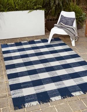 Navy Blue 4' 1 x 6' 1 Eco Plaid Indoor Outdoor Washable Rectangle Rug