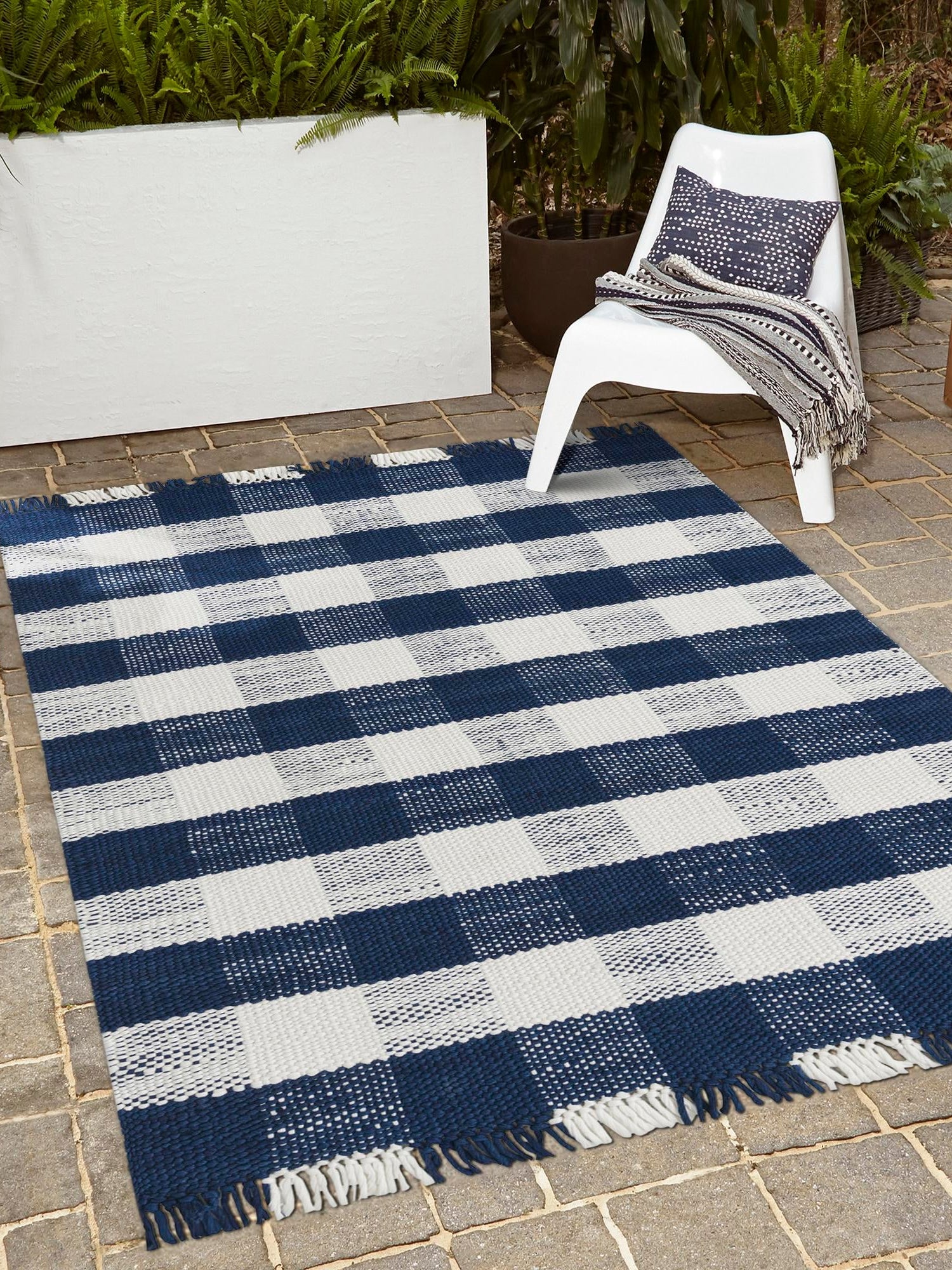 Washable Navy Blue 7' 10 x 10' Eco Plaid Indoor Outdoor Washable Rectangle Area Rug Easy to Clean Stain Resistant & Durable Weather Resistant for Patio, Deck, Terrace, Balcony, Porch 100% Recycled Plastic Bottles Carpet Mat for Sale at Rug Engine
