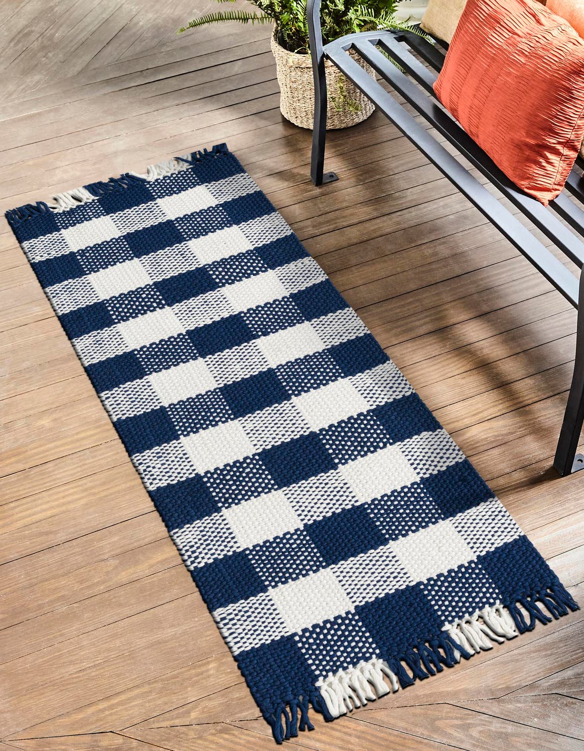 Washable Navy Blue 2' x 8' Eco Plaid Indoor Outdoor Washable Runner Area Rug Easy to Clean Stain Resistant & Durable Weather Resistant for Patio, Deck, Terrace, Balcony, Porch 100% Recycled Plastic Bottles Carpet Mat for Sale at Rug Engine