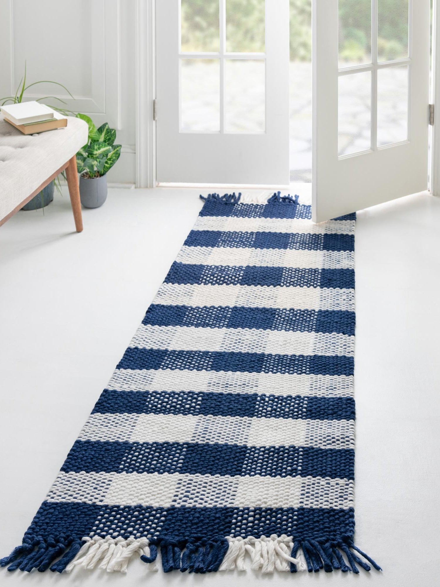 Washable Navy Blue 2' x 6' 1 Eco Plaid Indoor Outdoor Washable Runner Area Rug Easy to Clean Stain Resistant & Durable Weather Resistant for Patio, Deck, Terrace, Balcony, Porch 100% Recycled Plastic Bottles Carpet Mat for Sale at Rug Engine