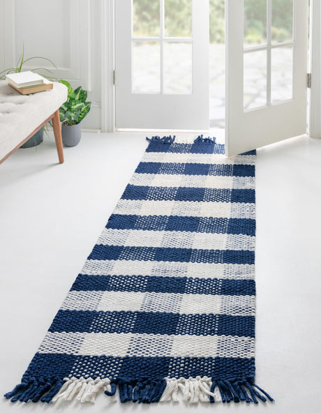 Washable Navy Blue 2' x 6' 1 Eco Plaid Indoor Outdoor Washable Runner Area Rug Easy to Clean Stain Resistant & Durable Weather Resistant for Patio, Deck, Terrace, Balcony, Porch 100% Recycled Plastic Bottles Carpet Mat for Sale at Rug Engine