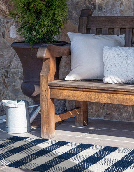 Washable Navy Blue 2' 7 x 10' Eco Plaid Indoor Outdoor Washable Runner Area Rug Easy to Clean Stain Resistant & Durable Weather Resistant for Patio, Deck, Terrace, Balcony, Porch 100% Recycled Plastic Bottles Carpet Mat for Sale at Rug Engine