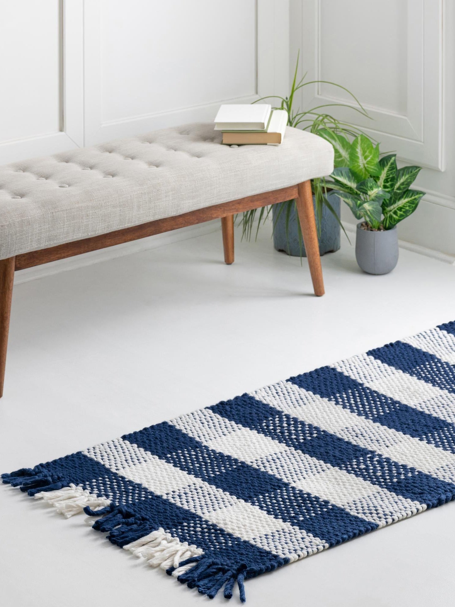 Washable Navy Blue 2' 7 x 10' Eco Plaid Indoor Outdoor Washable Runner Area Rug Easy to Clean Stain Resistant & Durable Weather Resistant for Patio, Deck, Terrace, Balcony, Porch 100% Recycled Plastic Bottles Carpet Mat for Sale at Rug Engine