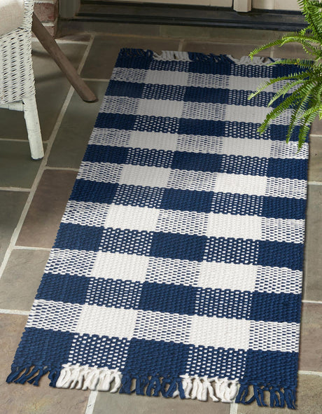 Washable Navy Blue 2' 7 x 10' Eco Plaid Indoor Outdoor Washable Runner Area Rug Easy to Clean Stain Resistant & Durable Weather Resistant for Patio, Deck, Terrace, Balcony, Porch 100% Recycled Plastic Bottles Carpet Mat for Sale at Rug Engine