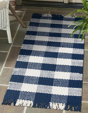 Navy Blue 2' x 6' 1 Eco Plaid Indoor Outdoor Washable Runner Rug