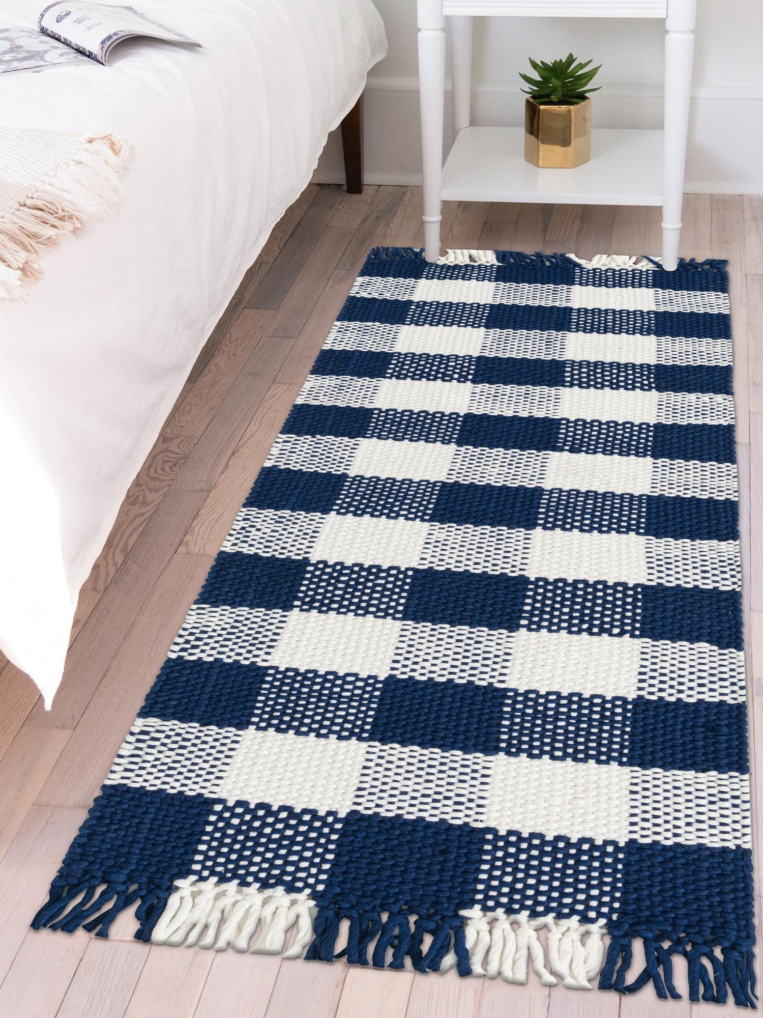Washable Navy Blue 2' x 6' 1 Eco Plaid Indoor Outdoor Washable Runner Area Rug Easy to Clean Stain Resistant & Durable Weather Resistant for Patio, Deck, Terrace, Balcony, Porch 100% Recycled Plastic Bottles Carpet Mat for Sale at Rug Engine