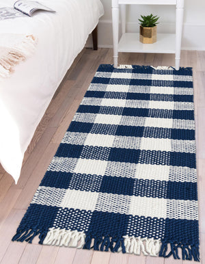 Navy Blue 2' x 6' 1 Eco Plaid Indoor Outdoor Washable Runner Rug