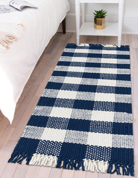 Washable Navy Blue 2' 7 x 10' Eco Plaid Indoor Outdoor Washable Runner Area Rug Easy to Clean Stain Resistant & Durable Weather Resistant for Patio, Deck, Terrace, Balcony, Porch 100% Recycled Plastic Bottles Carpet Mat for Sale at Rug Engine